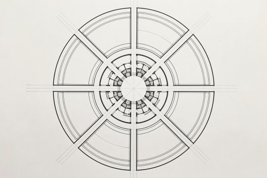 Circulation sketch of a circular public pavilion showing four entry axes and free perimeter zones surrounding ticketed core rooms
