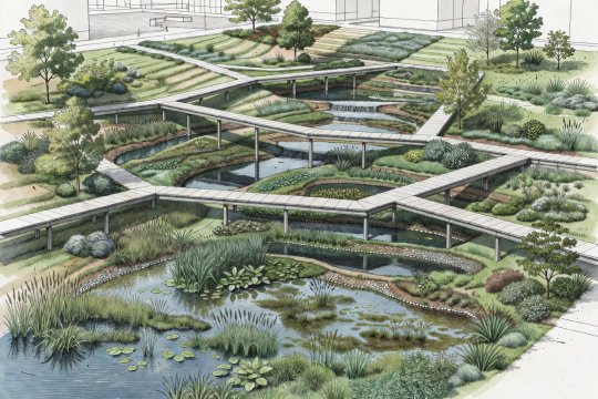 Architectural landscape drawing of a terraced urban wetland park with elevated pedestrian walkways and rain-garden retention basins
